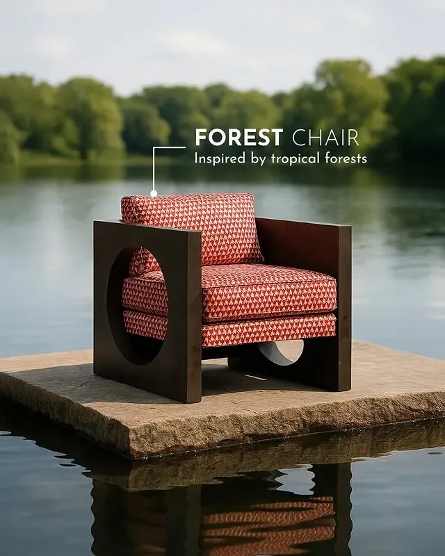 إعلان Okra: كرسي Forest Chair على منصة حجر وسط بحيرة